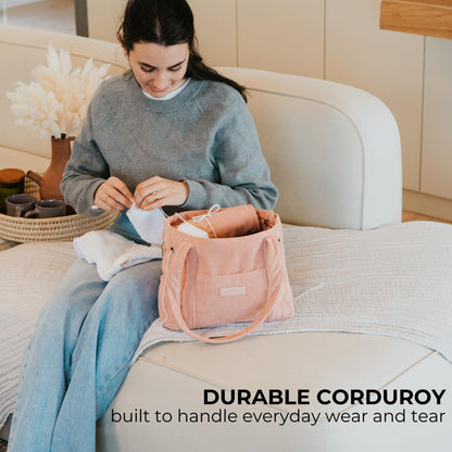 Stylish Yarn Bag for Crochet and Knitting Projects - Corduroy Crochet Organizer with 4 Interior Pockets and Yarn Holes - Perfect for Storing Hooks, Needles and Crafting Accessories