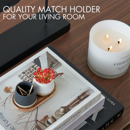 Decorative Ceramic Match Holder With Wooden Tray - Set of 2 Beautiful Matte Holders with Striker Are an Upgrade To Any Home Decor - Enhance Your Living Room With Cute Jars - Matches Not Incl.