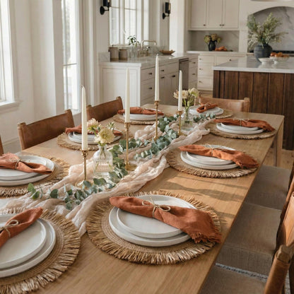 Beautiful Boho Placemats and Napkins Set of 6 – Handmade Woven Cotton, Burlap & Straw Table Decor for Dining Room, Kitchen, or Farmhouse-Style Tables
