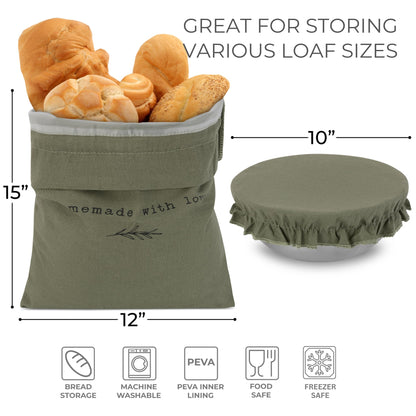Beautiful Linen Bread Bag Set and Proofing Cover For Homemade Sourdough Bread - Keeps Your Loaf Fresh for Days - Reusable and Easy to Clean Storage Bag, The Perfect Baking Accessories