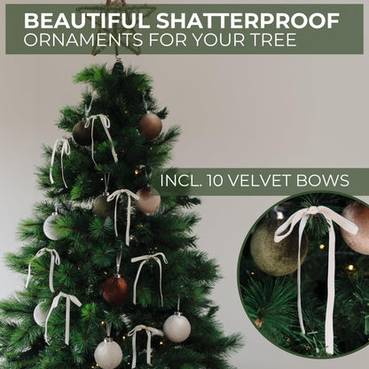 Elegant Velvet Christmas Ornaments Set with 15 Shatterproof Balls & 10 Matching Velvet Bows - Complete Festive Tree Decor Kit - Neutral Holiday Flocked Ornaments for Christmas Tree Decoration