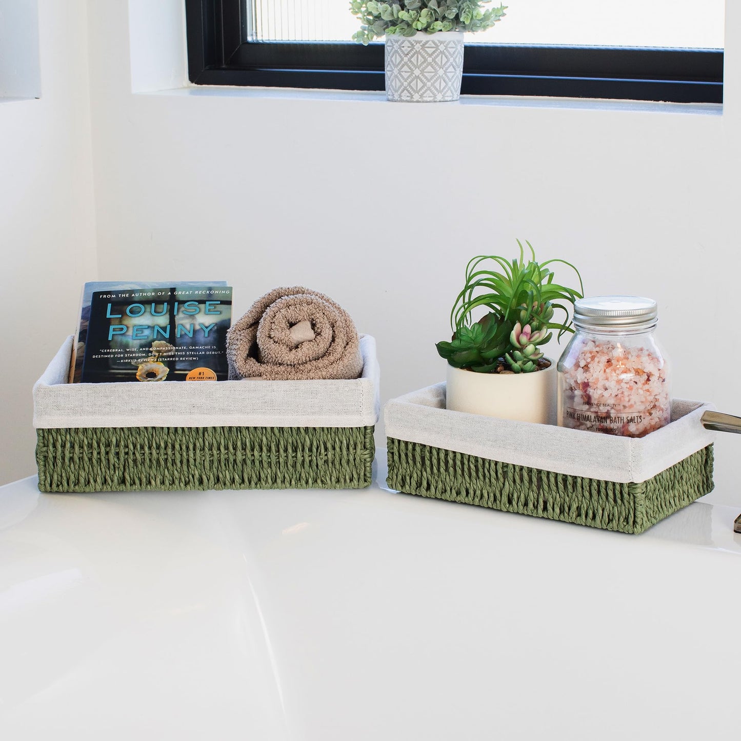 Beautiful Boho Bathroom Basket – Stylish Organizer Baskets for Toilet Tank, Bathroom Essentials, or Nursery Decor - Storage Basket Set of 2 for Shelves