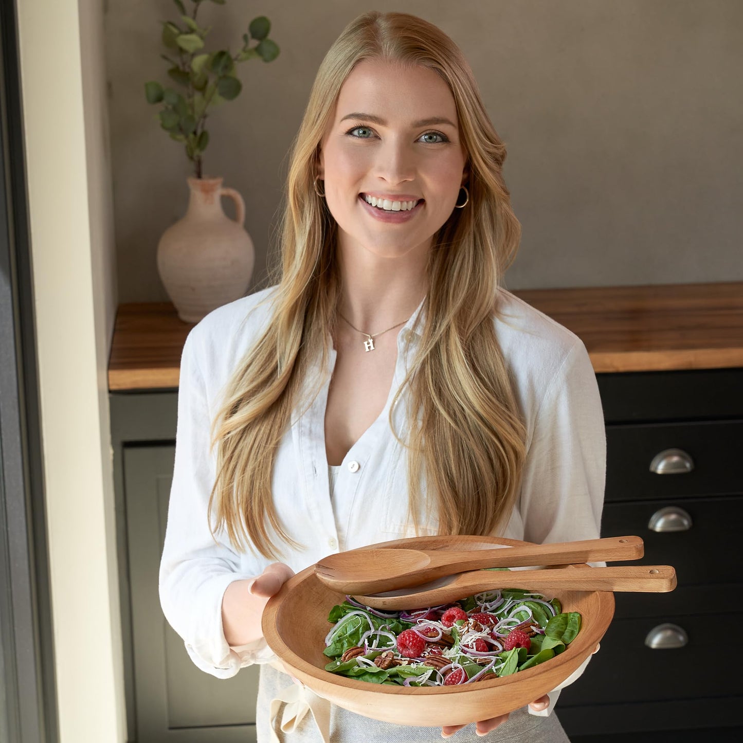 Beautiful Salad Bowls, Wooden Salad Bowls Set, Large Beech Wood Serving Bowl for Fruits & Salad with Serving Utensils
