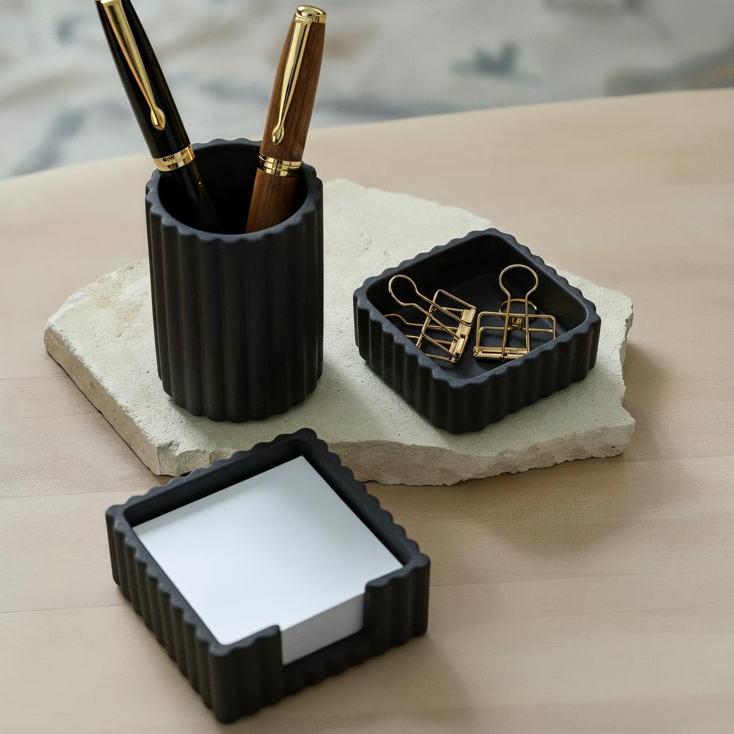 Modern Aesthetic Desk Accessories Set of 3 - Stylish Concrete Organizers for Pens & Office Supplies - A Cute and Functional Addition to Your Workspace Decor