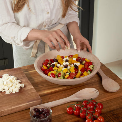 Beautiful Salad Bowls, Wooden Salad Bowls Set, Large Beech Wood Serving Bowl for Fruits & Salad with Serving Utensils