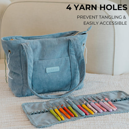 Stylish Yarn Bag for Crochet and Knitting Projects - Corduroy Crochet Organizer with 4 Interior Pockets and Yarn Holes - Perfect for Storing Hooks, Needles and Crafting Accessories