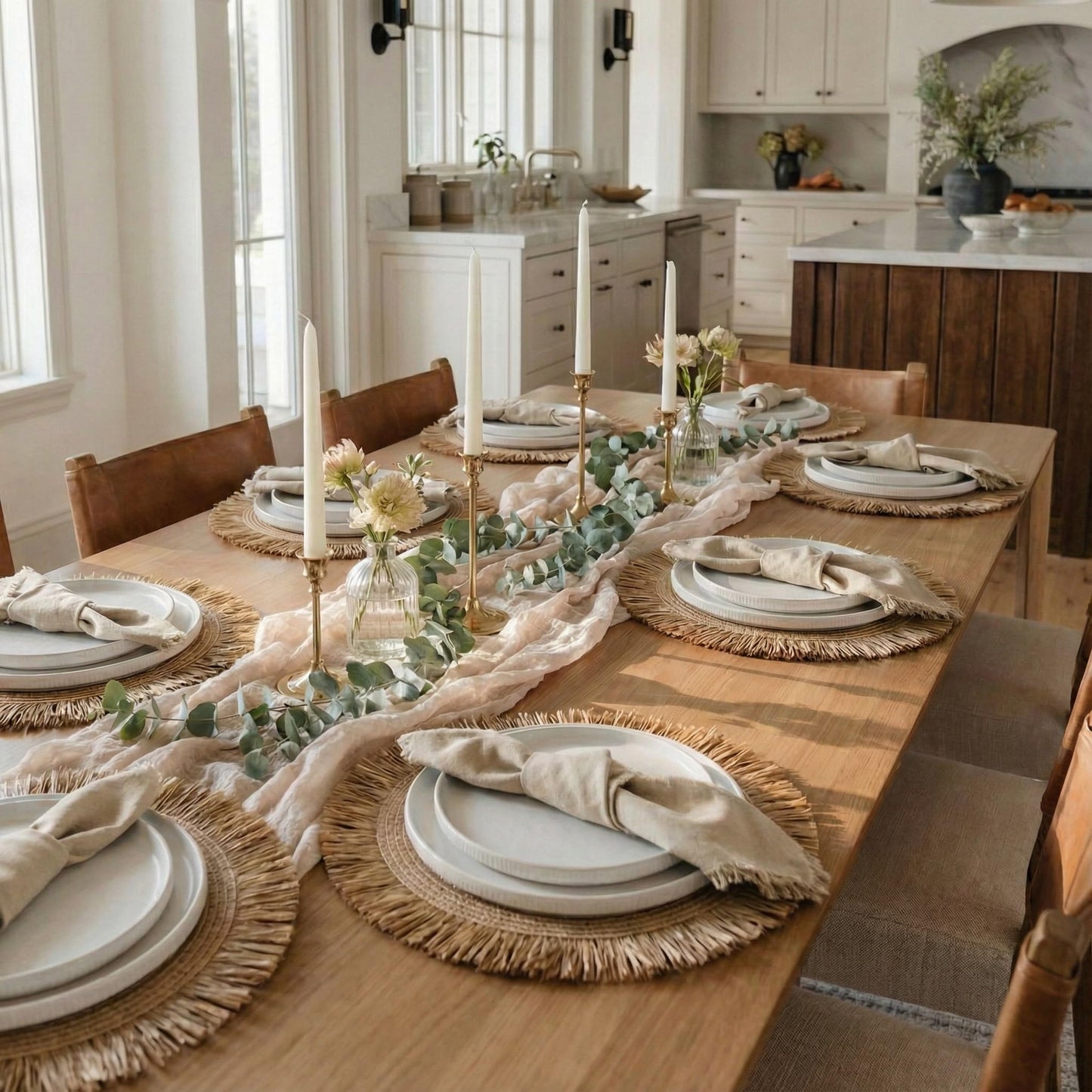 Decorative Boho Table Placemats Set of 6 with Matching Linen-Textured Napkins - Beautiful Natural Decor Elevates Your Dining Room or Kitchen Setting - Easy to Style & Mix with Linen Inspired Material