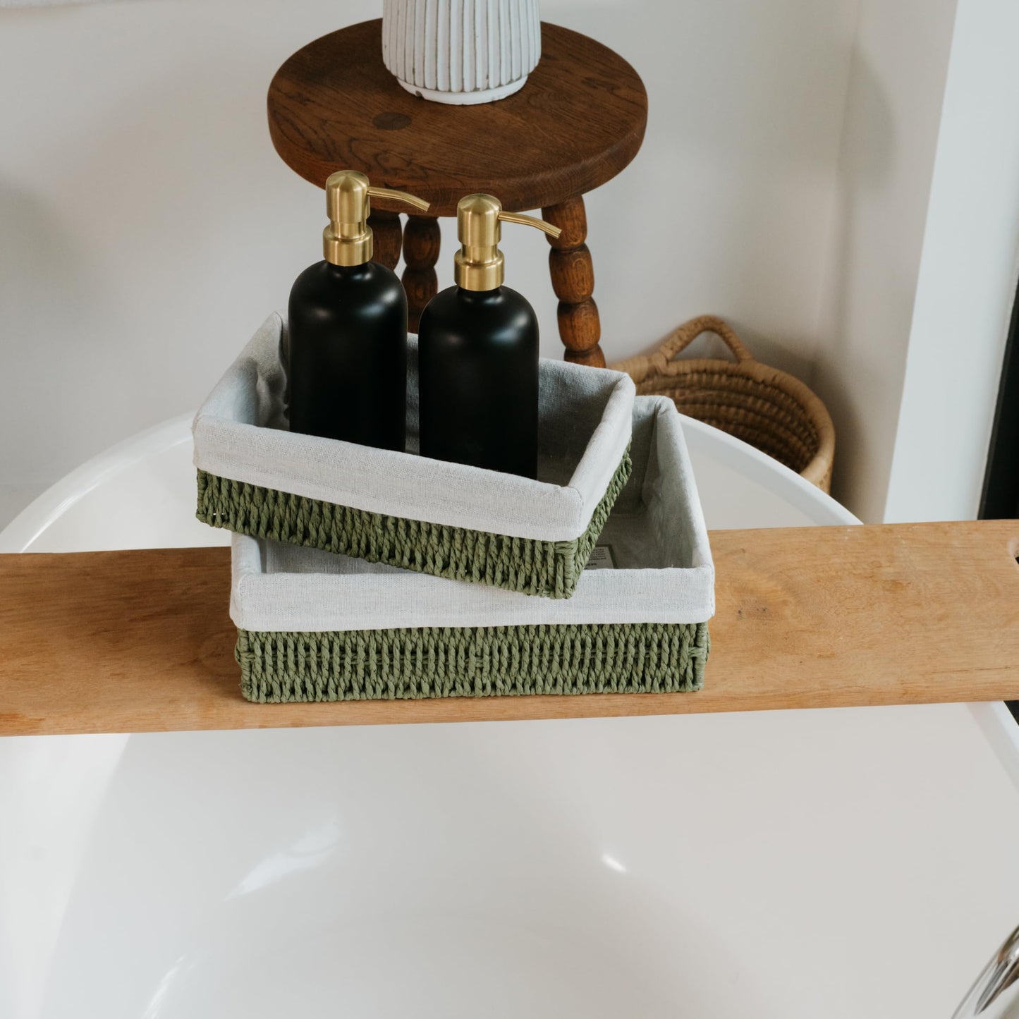 Beautiful Boho Bathroom Basket – Stylish Organizer Baskets for Toilet Tank, Bathroom Essentials, or Nursery Decor - Storage Basket Set of 2 for Shelves
