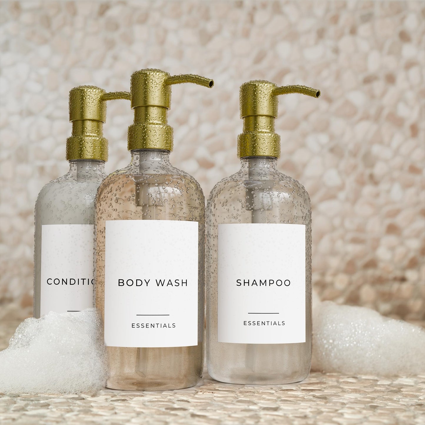 Stylish Shampoo and Conditioner Dispenser Set of 3 - Modern 21oz Shower Soap Bottles with Pump and Labels - Easy to Refill Body Wash Dispensers for an Instant Bathroom Decor Upgrade