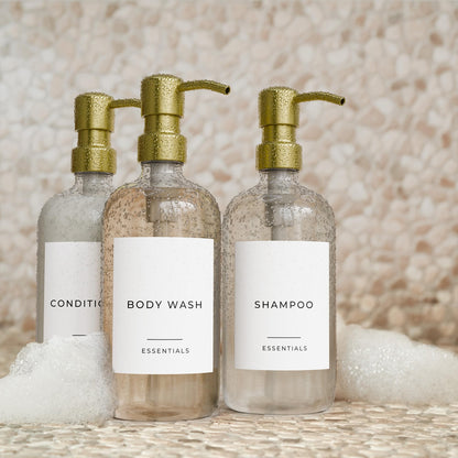 Stylish Shampoo and Conditioner Dispenser Set of 3 - Modern 21oz Shower Soap Bottles with Pump and Labels - Easy to Refill Body Wash Dispensers for an Instant Bathroom Decor Upgrade