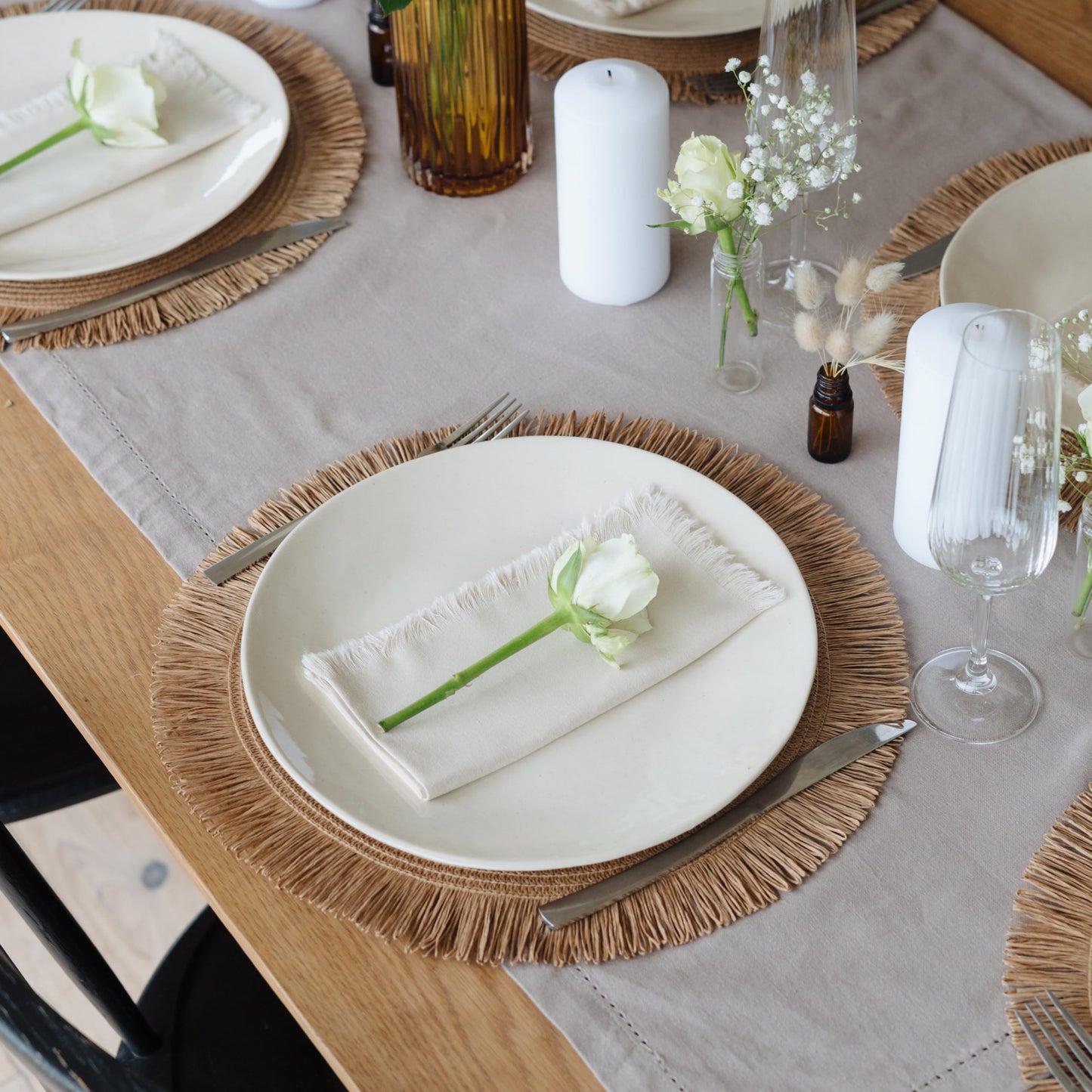 Beautiful Boho Placemats and Napkins Set of 6 – Handmade Woven Cotton, Burlap & Straw Table Decor for Dining Room, Kitchen, or Farmhouse-Style Tables