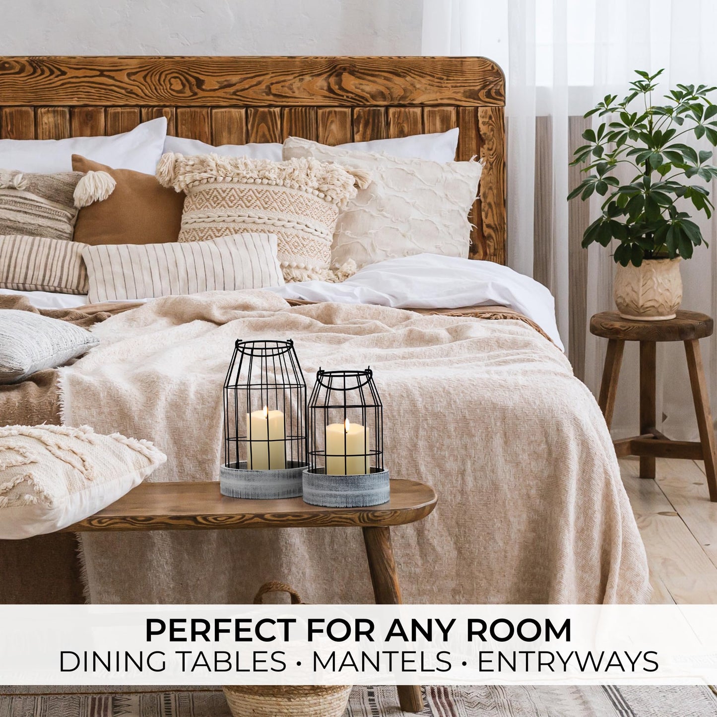 Rustic Farmhouse Lantern Decor Set of 2 - Stylish Decorative Lanterns for Your Living Room, Fireplace Mantle or Kitchen Dining Table - Modern Indoor / Outdoor Coffee Table Decor for Your Entire Home