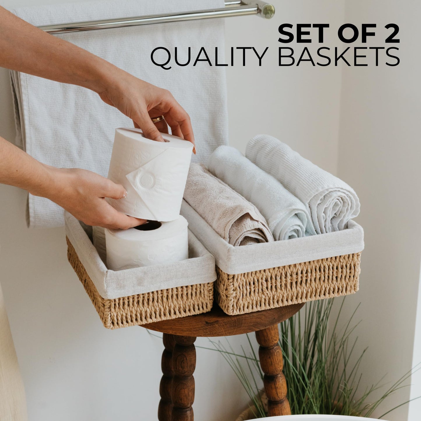Beautiful Boho Bathroom Basket – Stylish Organizer Baskets for Toilet Tank, Bathroom Essentials, or Nursery Decor - Storage Basket Set of 2 for Shelves