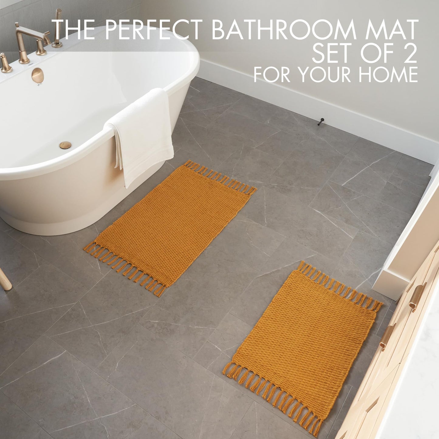 Set of 2 Soft Boho Bathroom Rugs - Beautiful Boho Cotton Rugs That Fit Perfectly Into Your Bath or Kitchen - Washable, Non-Slip Mats Ideal to Enhance Your Modern Home Decor