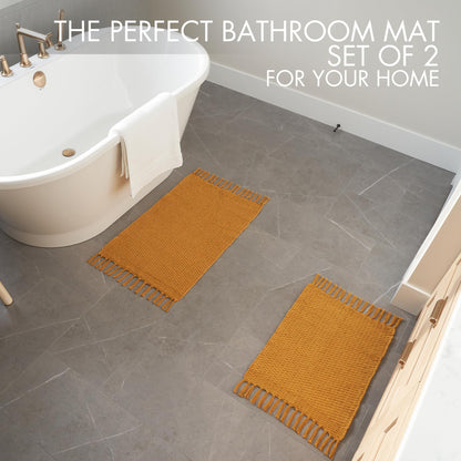 Set of 2 Soft Boho Bathroom Rugs - Beautiful Boho Cotton Rugs That Fit Perfectly Into Your Bath or Kitchen - Washable, Non-Slip Mats Ideal to Enhance Your Modern Home Decor
