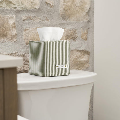 Stylish Tissue Box Cover - This Sage Striped Linen Holder Instantly Covers Your Square Tissue Boxes - The Perfect Cube Cover for Your Bathroom and Home