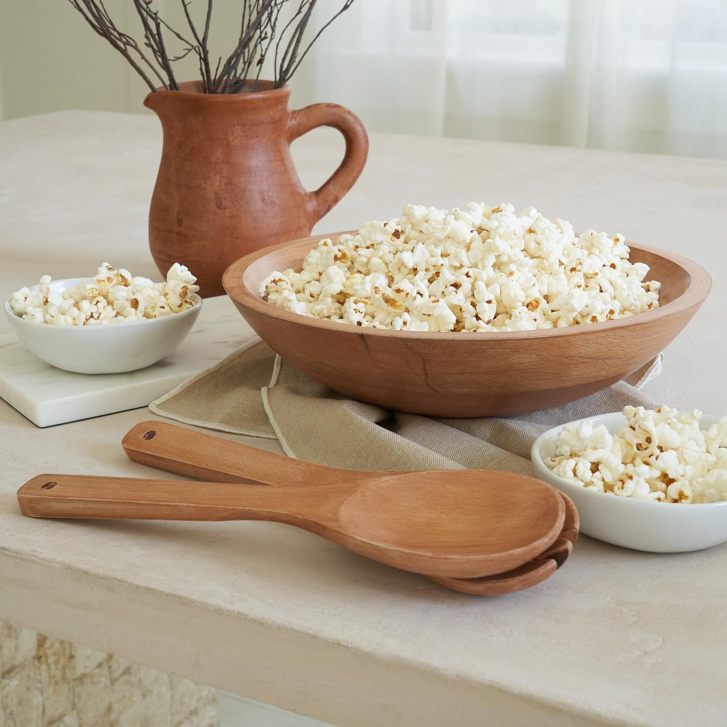 Beautiful Salad Bowls, Wooden Salad Bowls Set, Large Beech Wood Serving Bowl for Fruits & Salad with Serving Utensils