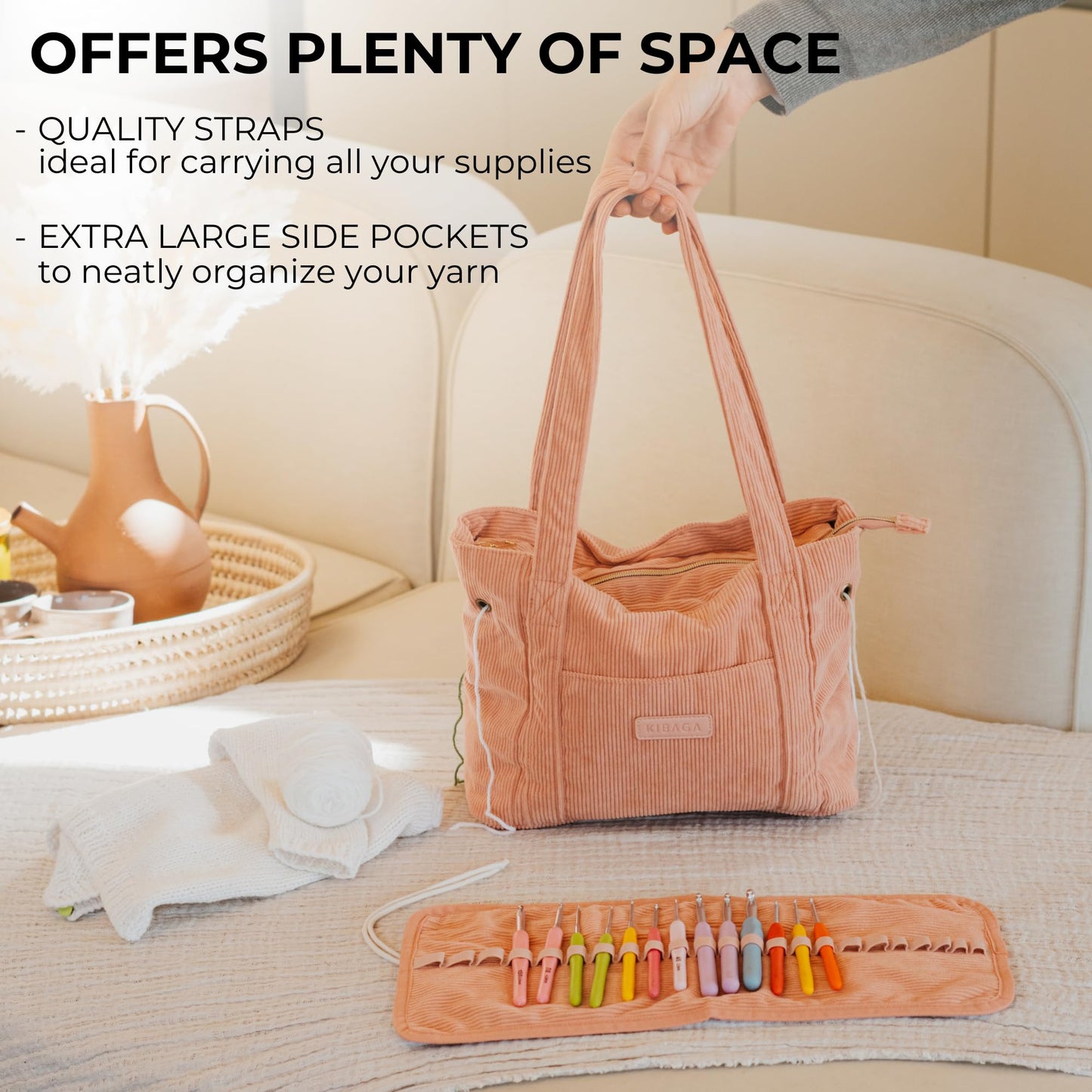 Stylish Yarn Bag for Crochet and Knitting Projects - Corduroy Crochet Organizer with 4 Interior Pockets and Yarn Holes - Perfect for Storing Hooks, Needles and Crafting Accessories