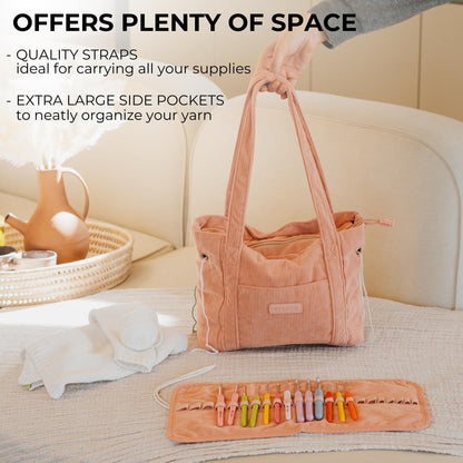 Stylish Yarn Bag for Crochet and Knitting Projects - Corduroy Crochet Organizer with 4 Interior Pockets and Yarn Holes - Perfect for Storing Hooks, Needles and Crafting Accessories