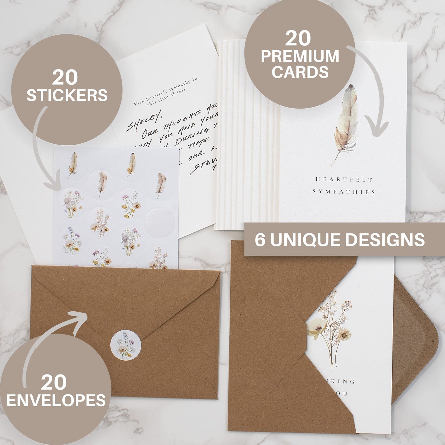 KIBAGA Beautiful Sympathy Cards Set of 20 with Envelopes and Stickers - Perfect Bulk Set To Express Your Condolences - Floral and Feather Assortment w/a Simple Heartfelt Note