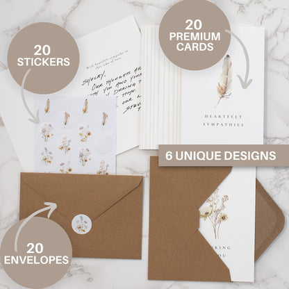 KIBAGA Beautiful Sympathy Cards Set of 20 with Envelopes and Stickers - Perfect Bulk Set To Express Your Condolences - Floral and Feather Assortment w/a Simple Heartfelt Note