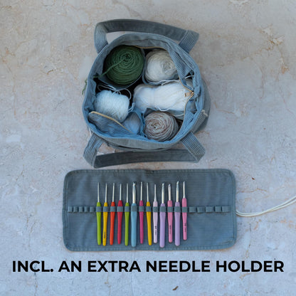 Stylish Yarn Bag for Crochet and Knitting Projects - Corduroy Crochet Organizer with 4 Interior Pockets and Yarn Holes - Perfect for Storing Hooks, Needles and Crafting Accessories