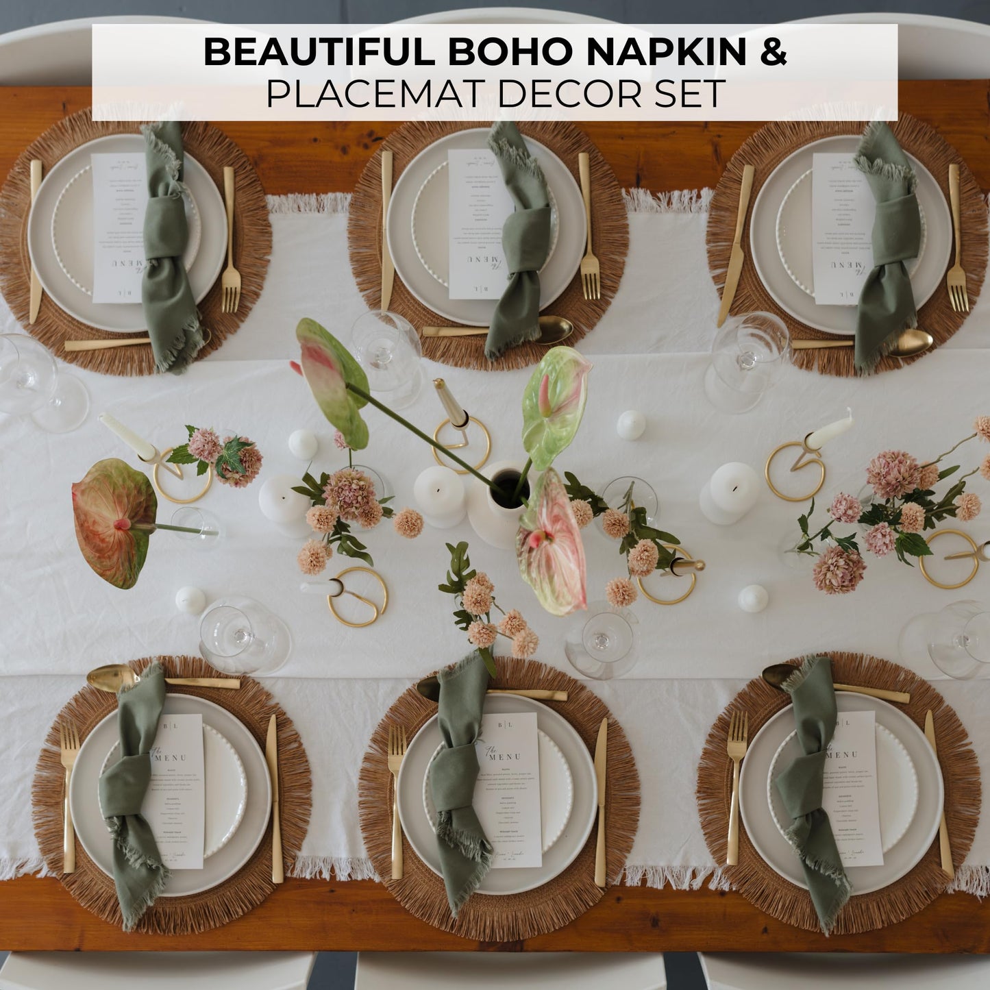 Beautiful Boho Placemats and Napkins Set of 6 – Handmade Woven Cotton, Burlap & Straw Table Decor for Dining Room, Kitchen, or Farmhouse-Style Tables