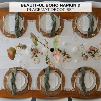 Beautiful Boho Placemats and Napkins Set of 6 – Handmade Woven Cotton, Burlap & Straw Table Decor for Dining Room, Kitchen, or Farmhouse-Style Tables