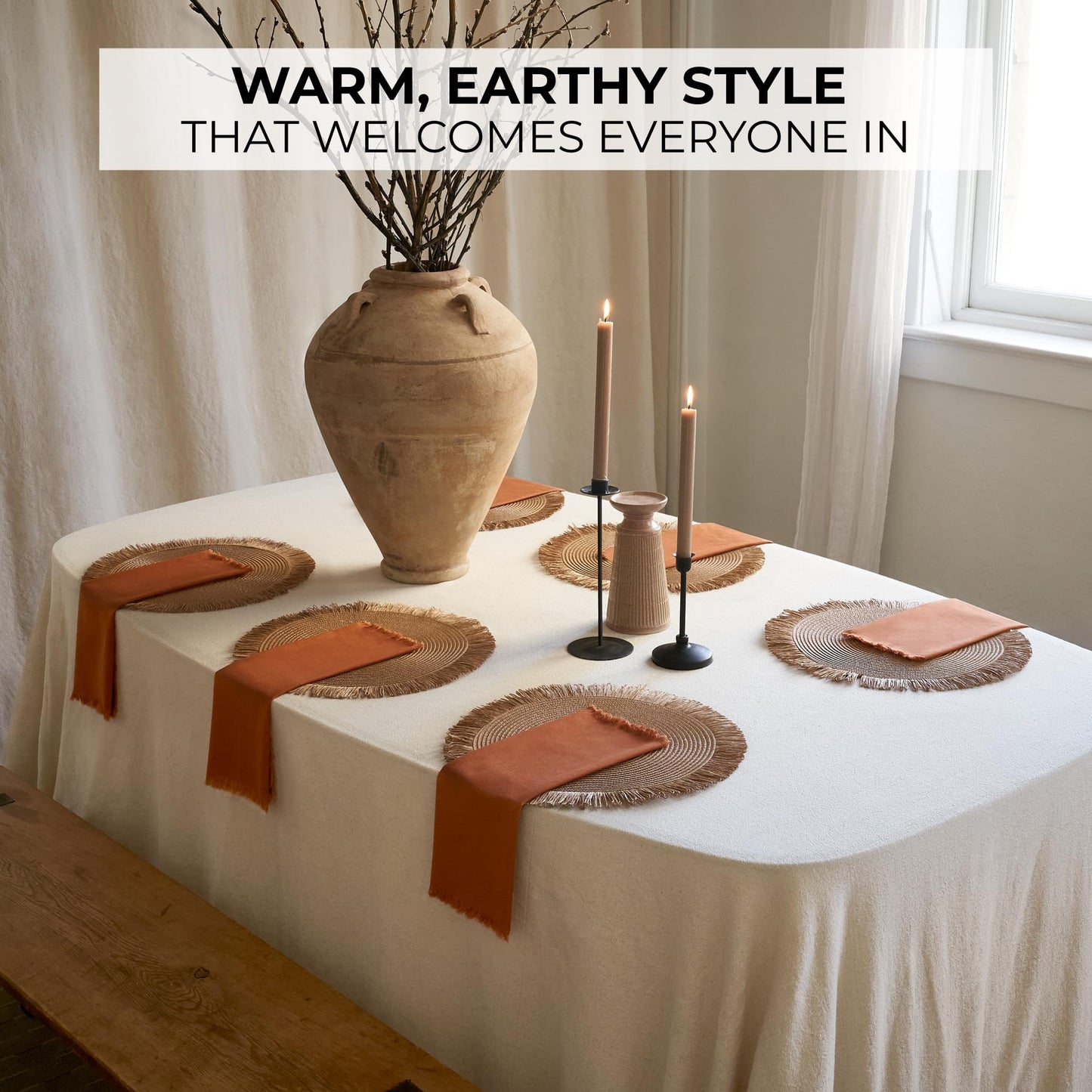 Beautiful Boho Placemats and Napkins Set of 6 – Handmade Woven Cotton, Burlap & Straw Table Decor for Dining Room, Kitchen, or Farmhouse-Style Tables