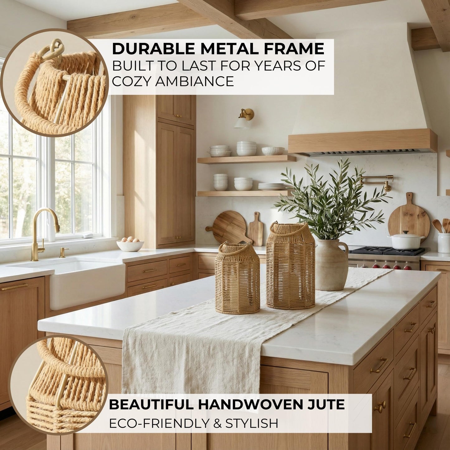 Natural Jute Boho Lanterns - Handcrafted Coffee Table Decor to Enhance Your Home - Modern Decorative Farmhouse Beauty for Any Living Room, Patio & Porch, Indoor and Outdoor or Kitchen Dining Table