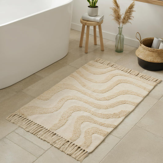 Beautiful Boho Rug with Tassels for Your Bathroom - Soft 2 x 3 ft. Cotton Rug Fits Perfectly Into Your Bath - Washable, Cream Colored Non-Slip Mat Ideal to Enhance Any Modern Home Decor, 24 x 36 inch