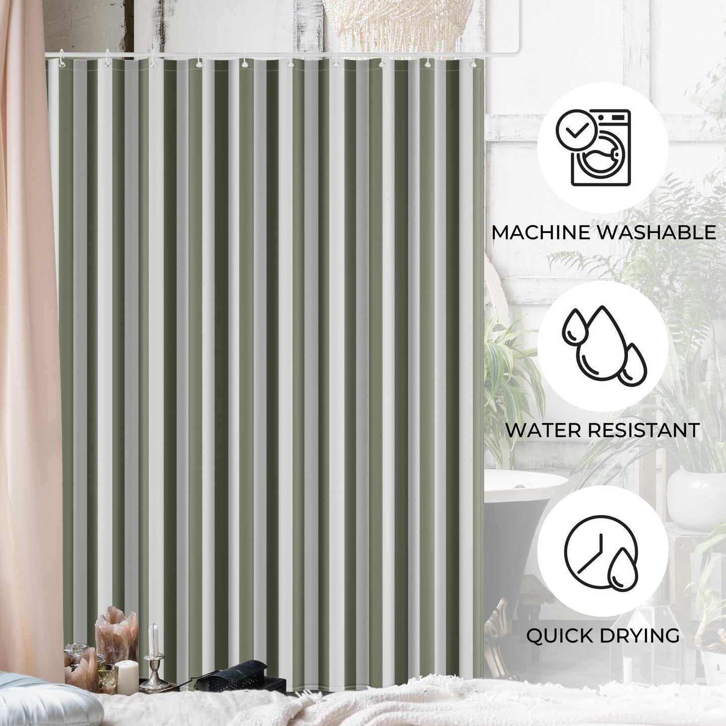Beautiful Striped Boho Shower Curtain for Your Bathroom - Stylish 72”x72” Sage Green Curtain That Fits Perfectly with Any Bath Decor - Modern & Elegant, Ideal for Brightening Up Your Bathroom at Home