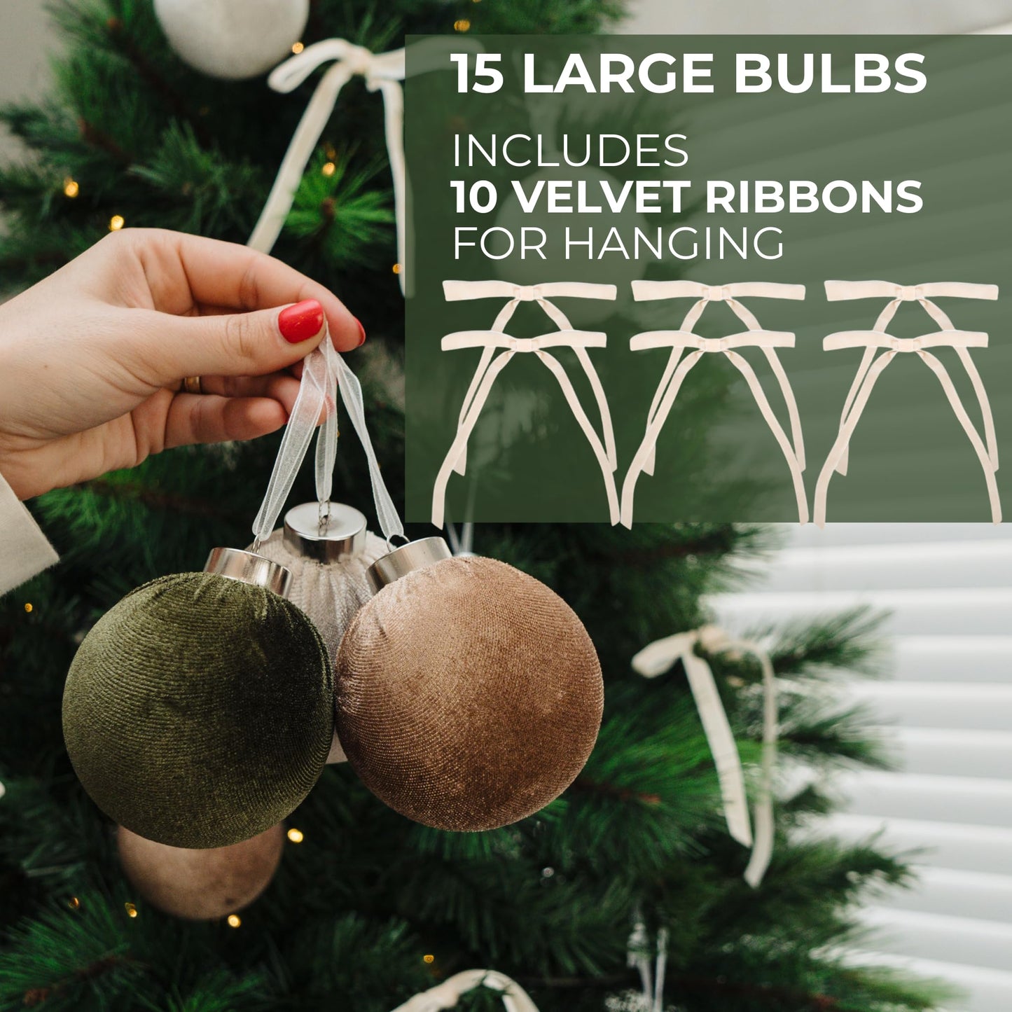 Elegant Velvet Christmas Ornaments Set with 15 Shatterproof Balls & 10 Matching Velvet Bows - Complete Festive Tree Decor Kit - Neutral Holiday Flocked Ornaments for Christmas Tree Decoration