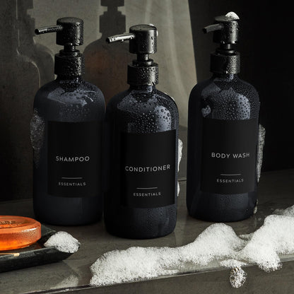 Stylish Shampoo and Conditioner Dispenser Set of 3 - Modern 21oz Shower Soap Bottles with Pump and Labels - Easy to Refill Body Wash Dispensers for an Instant Bathroom Decor Upgrade - Black