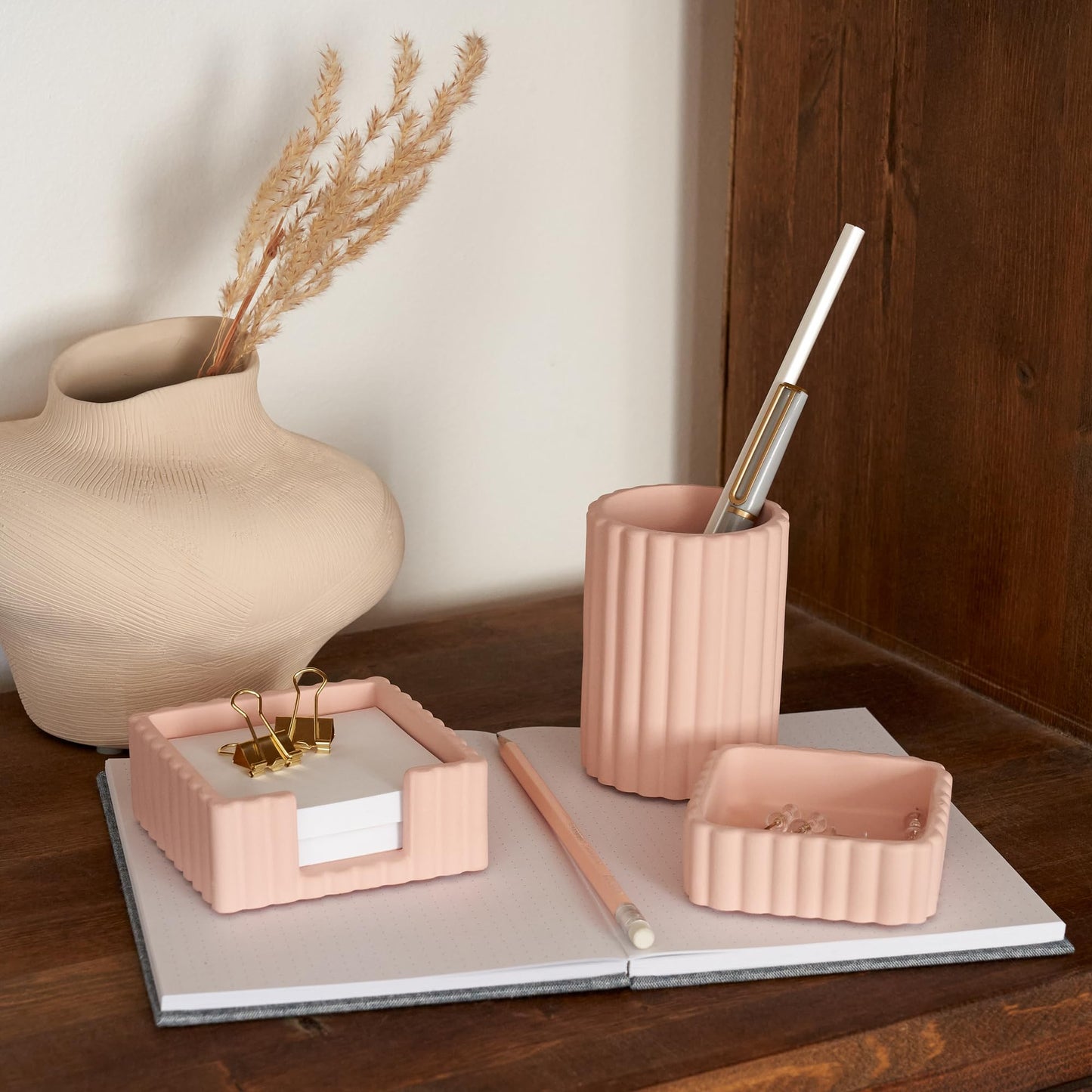Modern Aesthetic Desk Accessories Set of 3 - Stylish Concrete Organizers for Pens & Office Supplies - A Cute and Functional Addition to Your Workspace Decor