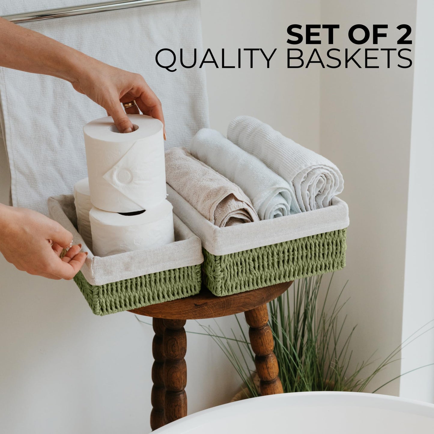 Beautiful Boho Bathroom Basket – Stylish Organizer Baskets for Toilet Tank, Bathroom Essentials, or Nursery Decor - Storage Basket Set of 2 for Shelves