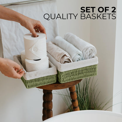 Beautiful Boho Bathroom Basket – Stylish Organizer Baskets for Toilet Tank, Bathroom Essentials, or Nursery Decor - Storage Basket Set of 2 for Shelves