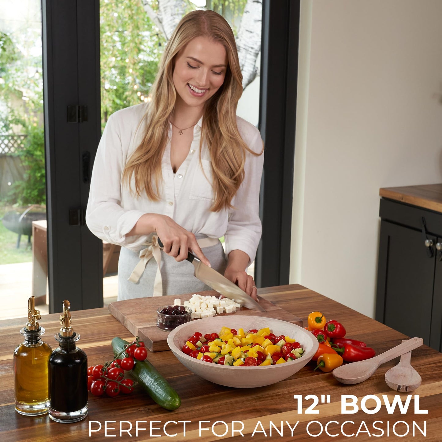 Beautiful Salad Bowls, Wooden Salad Bowls Set, Large Beech Wood Serving Bowl for Fruits & Salad with Serving Utensils
