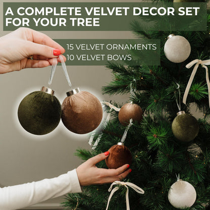Elegant Velvet Christmas Ornaments Set with 15 Shatterproof Balls & 10 Matching Velvet Bows - Complete Festive Tree Decor Kit - Neutral Holiday Flocked Ornaments for Christmas Tree Decoration