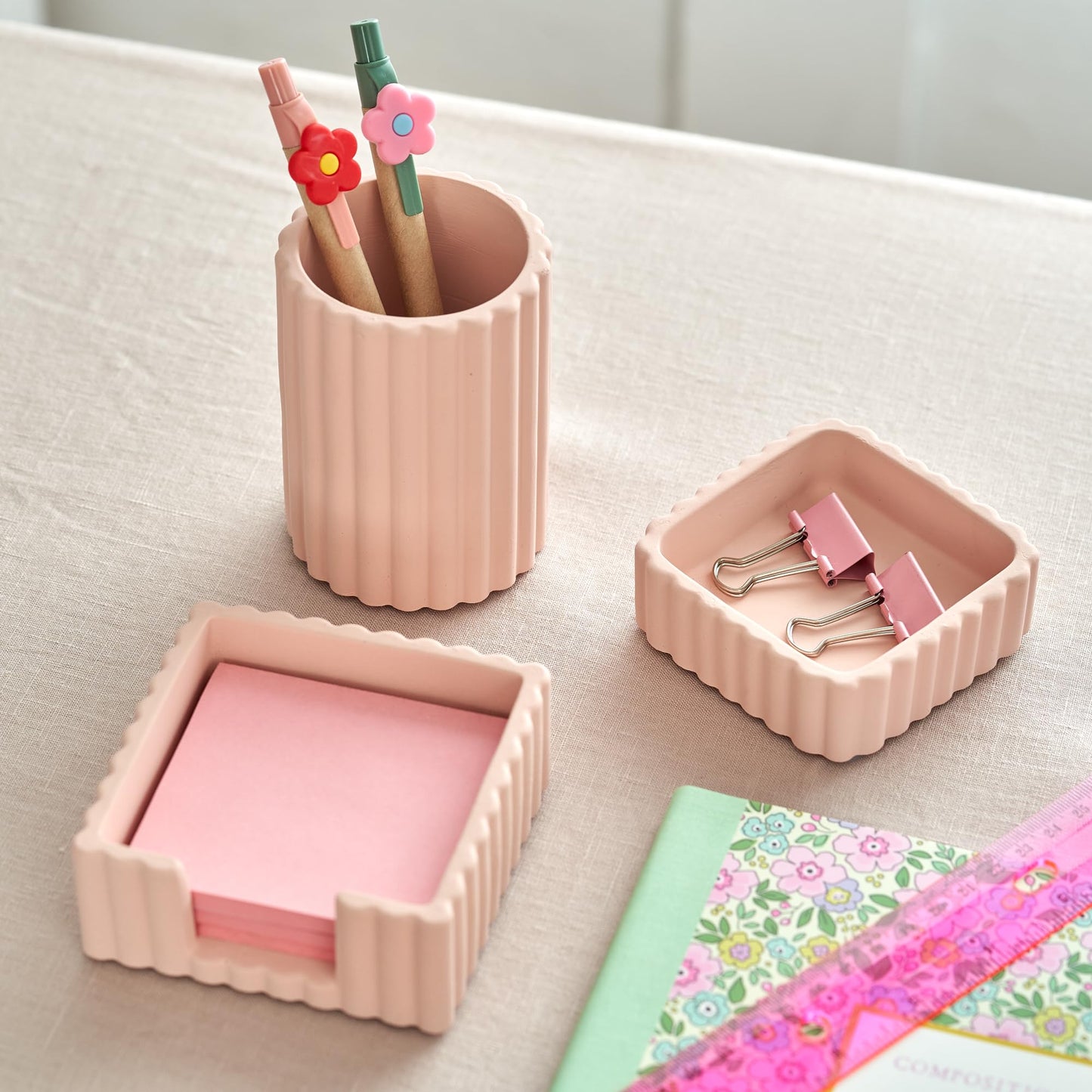 Modern Aesthetic Desk Accessories Set of 3 - Stylish Concrete Organizers for Pens & Office Supplies - A Cute and Functional Addition to Your Workspace Decor