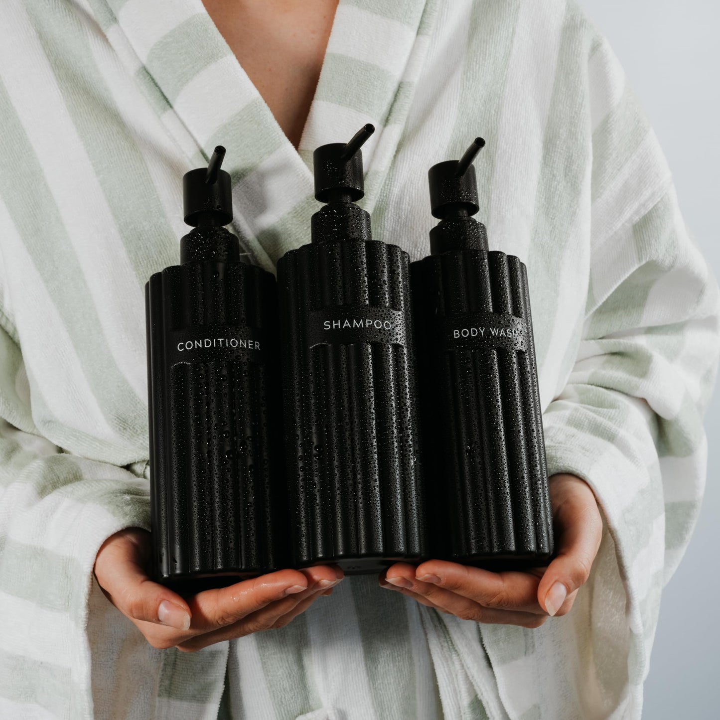 Beautiful Shampoo and Conditioner Dispenser Set of 3 – Modern 21oz Shower Soap Bottles with Pump and Labels – Easy to Refill Body Wash Dispensers for a Stylish Bathroom Upgrade