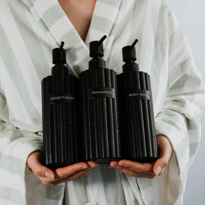 Beautiful Shampoo and Conditioner Dispenser Set of 3 – Modern 21oz Shower Soap Bottles with Pump and Labels – Easy to Refill Body Wash Dispensers for a Stylish Bathroom Upgrade
