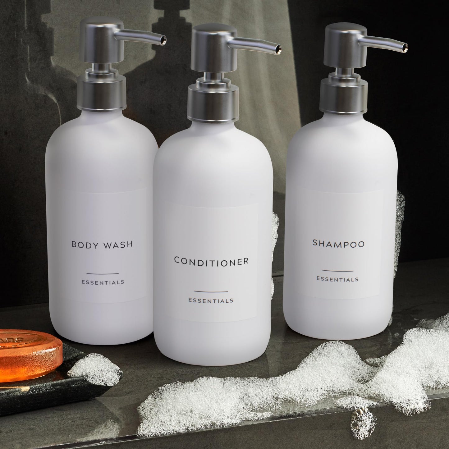 Stylish Shampoo and Conditioner Dispenser Set of 3 - Modern 21oz Shower Soap Bottles with Pump and Labels - Easy to Refill Body Wash Dispensers for an Instant Bathroom Decor Upgrade - Black