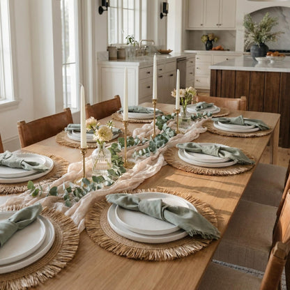 Beautiful Boho Placemats and Napkins Set of 6 – Handmade Woven Cotton, Burlap & Straw Table Decor for Dining Room, Kitchen, or Farmhouse-Style Tables