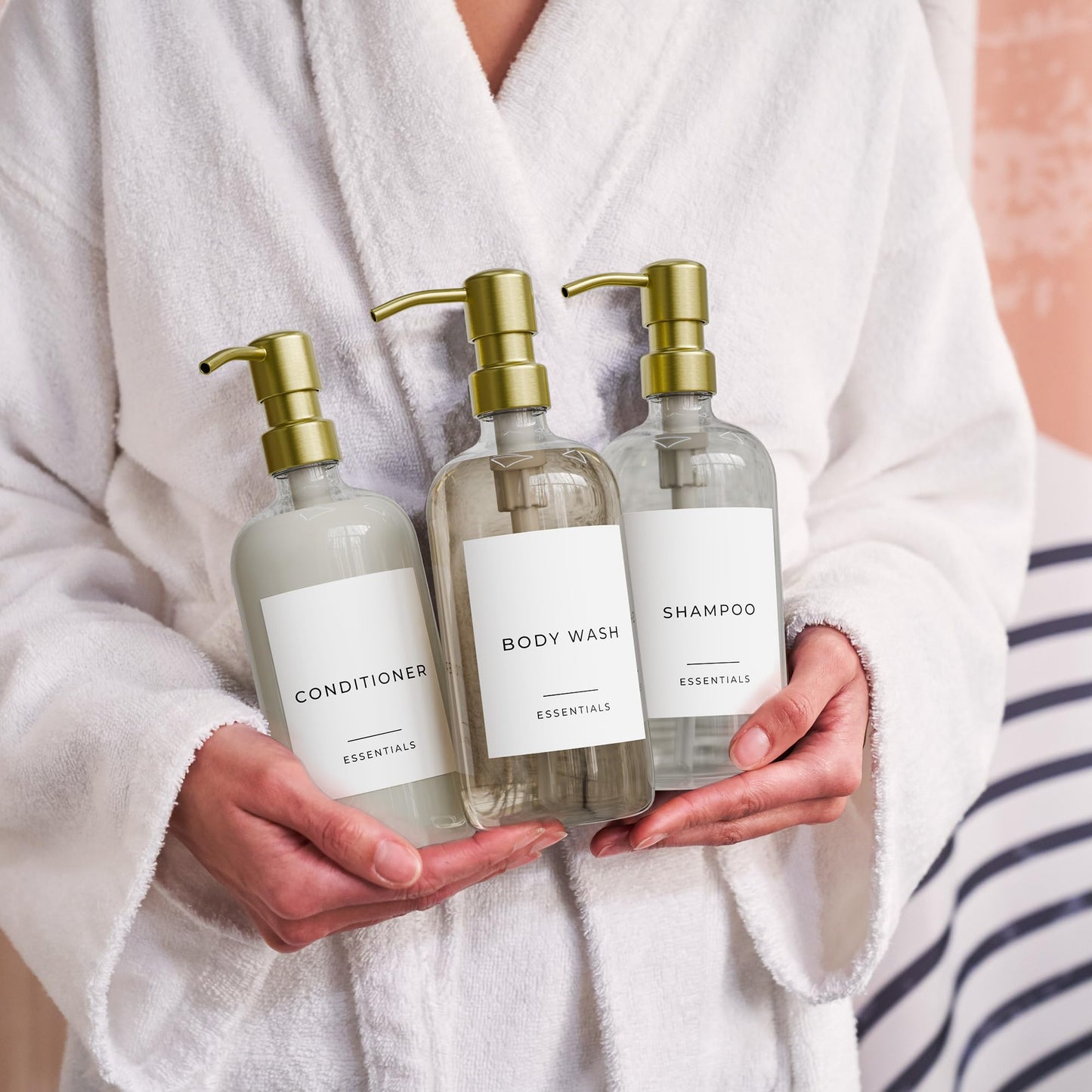 Stylish Shampoo and Conditioner Dispenser Set of 3 - Modern 21oz Shower Soap Bottles with Pump and Labels - Easy to Refill Body Wash Dispensers for an Instant Bathroom Decor Upgrade
