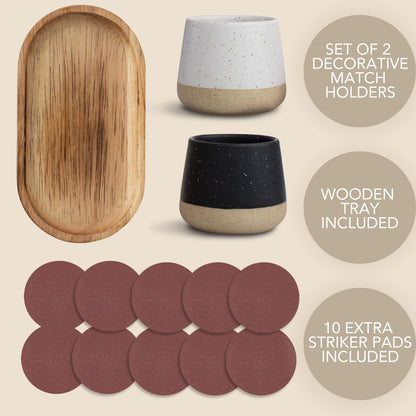 Decorative Ceramic Match Holder With Wooden Tray - Set of 2 Beautiful Matte Holders with Striker Are an Upgrade To Any Home Decor - Enhance Your Living Room With Cute Jars - Matches Not Incl.