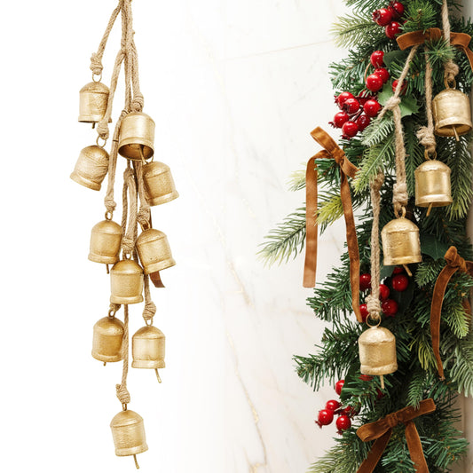 Rustic Golden Christmas Bell Ornaments and Velvet Bows – Beautiful Ornament Set of 10 Adds Elegance to Any Modern or Farmhouse Christmas Tree Decor – Giftable Vintage Bells w/ a Festive Holiday Sound