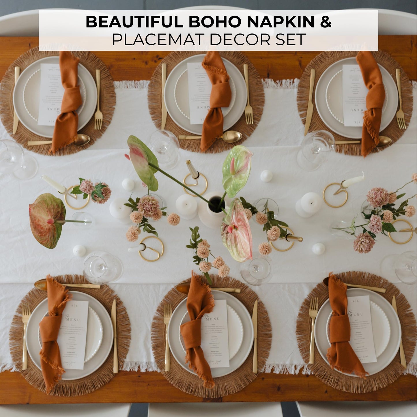 Beautiful Boho Placemats and Napkins Set of 6 – Handmade Woven Cotton, Burlap & Straw Table Decor for Dining Room, Kitchen, or Farmhouse-Style Tables