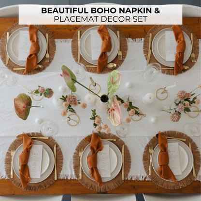 Beautiful Boho Placemats and Napkins Set of 6 – Handmade Woven Cotton, Burlap & Straw Table Decor for Dining Room, Kitchen, or Farmhouse-Style Tables