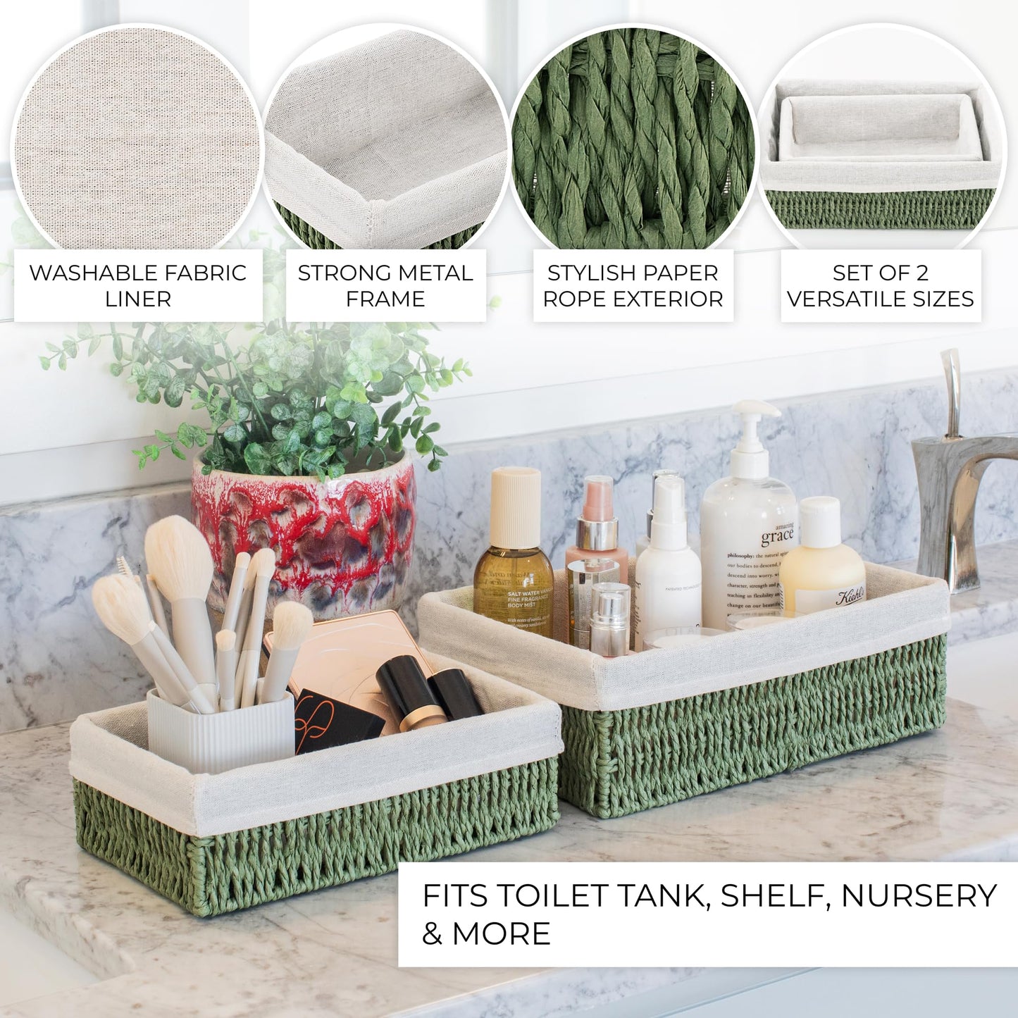 Beautiful Boho Bathroom Basket – Stylish Organizer Baskets for Toilet Tank, Bathroom Essentials, or Nursery Decor - Storage Basket Set of 2 for Shelves